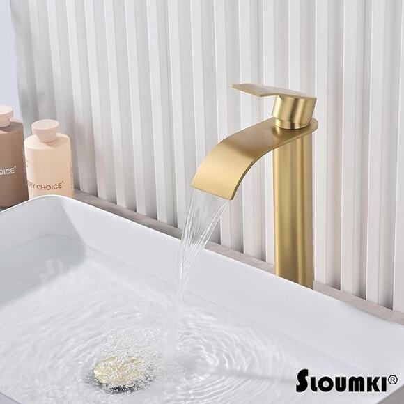 Brushed Gold Vessel Sink Faucet, Bathroom Sink Faucet, High Waterfall Faucet - Picture 6 of 7